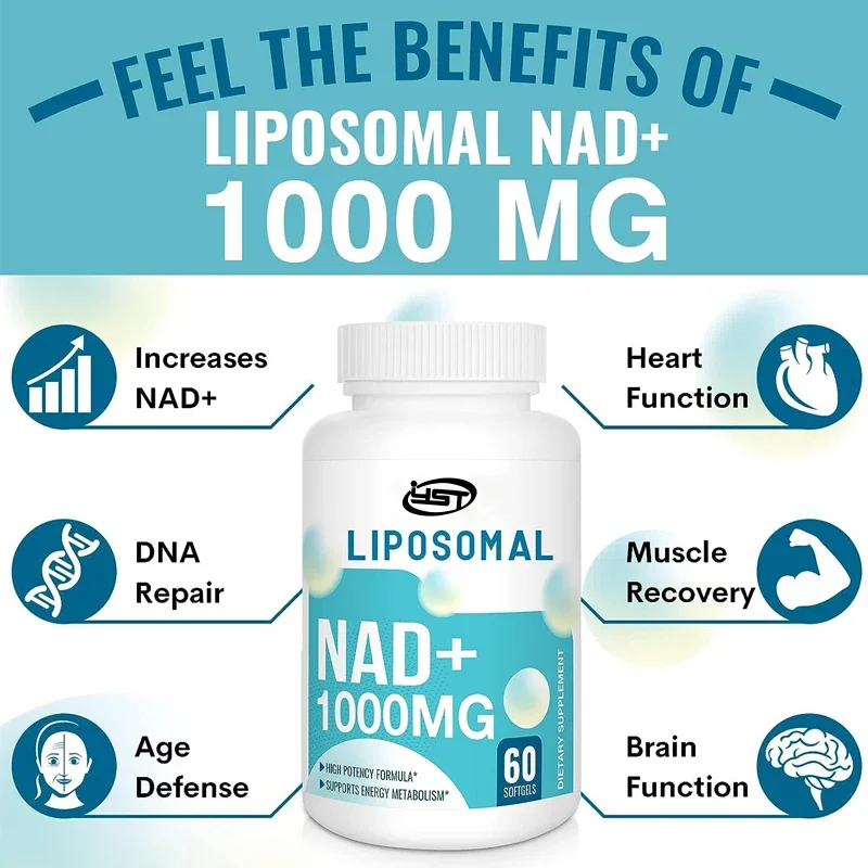 Liposome pure NAD+supplement 1000mg, highest NAD Pontcy high absorption energy and DNA repair anti-aging 60 soft capsules