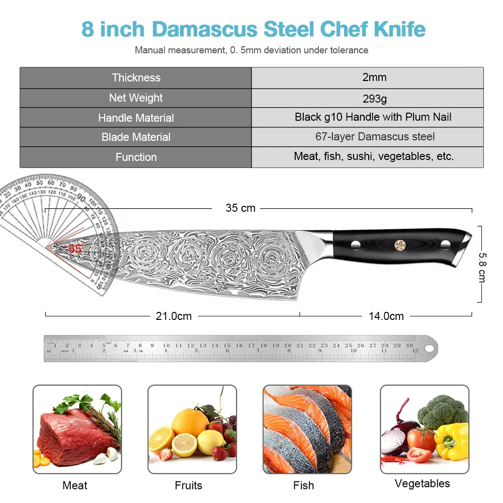 New Chef Knife Damascus Steel 8 Inch Kitchen Cutting Tools Ultra Sharp With VG-10 Steel Core Full Tang G10 Handle Fast Delivery