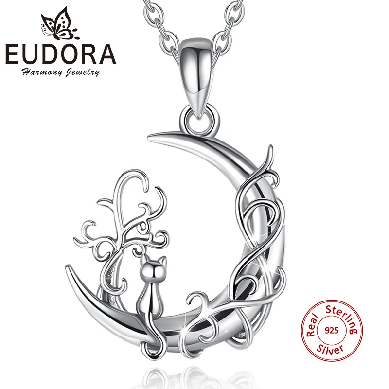 EUDORA 925 Sterling Silver Cat tree of Life Pendant Necklace Cat Sit on Moon Necklace Fashion Woman Charm Jewelry with Box 753