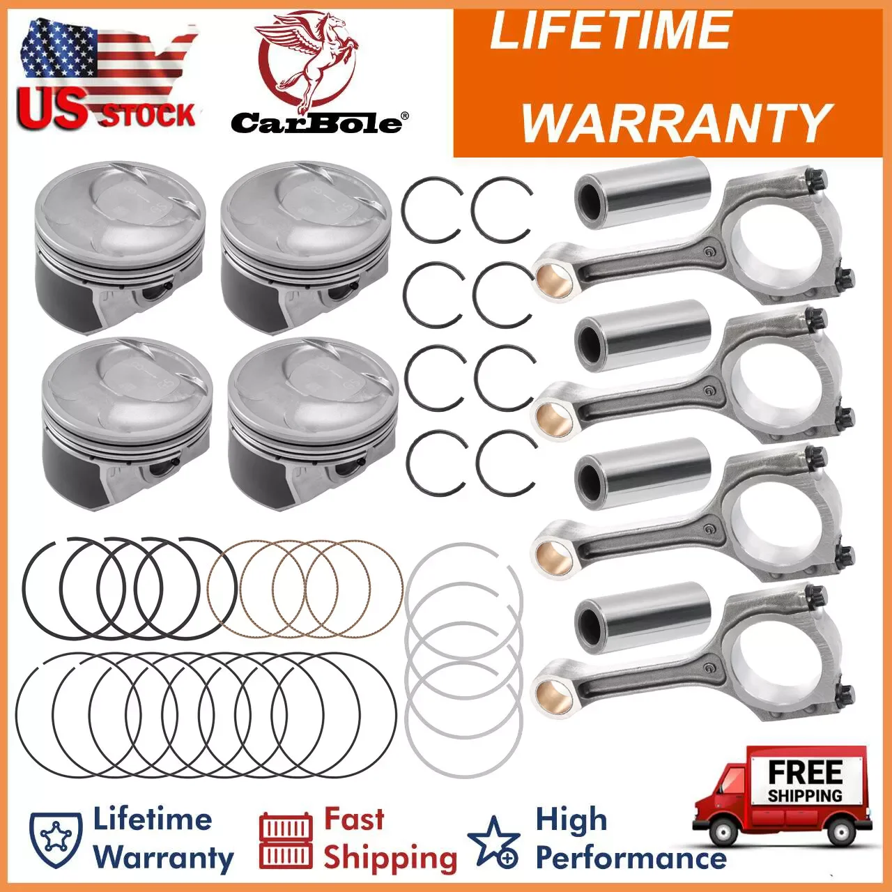 

Carbole Engine Piston w/ Rings Kit +Con Rods for Hyundai Sonata Kia Sorento Optima 2.4L