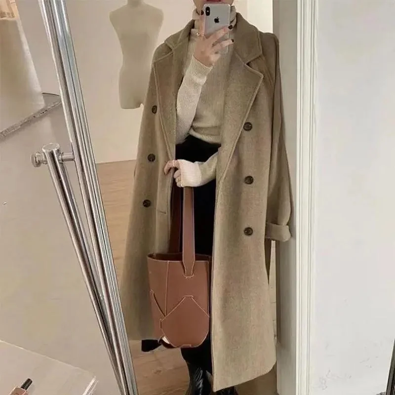 Vintage Double-Breasted Belt Long Coats Women Casual Loose Solid Lapel Woolen Coat Female Winter Elegant Chic Street Outwear