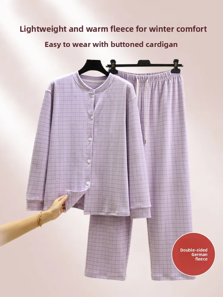 

Thickened Fleece Home Clothes Women's Winter Large Size Button Sleepwear Pants Plaid Shirt Casual Pants Set Warmth Maintaining