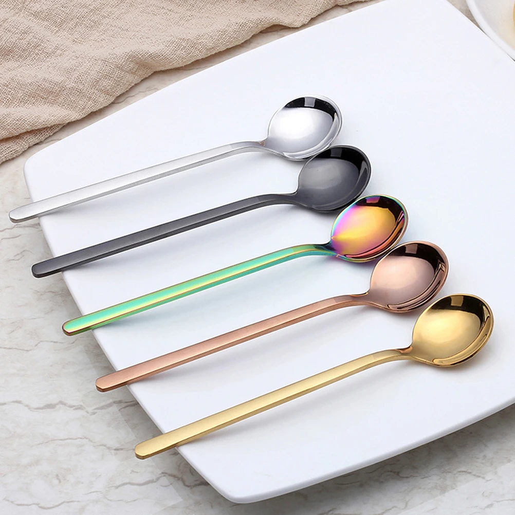 

6 Pcs Coffee Spoon Scoops Stainless Steel Stirring Long Handle Mini Round Teaspoon