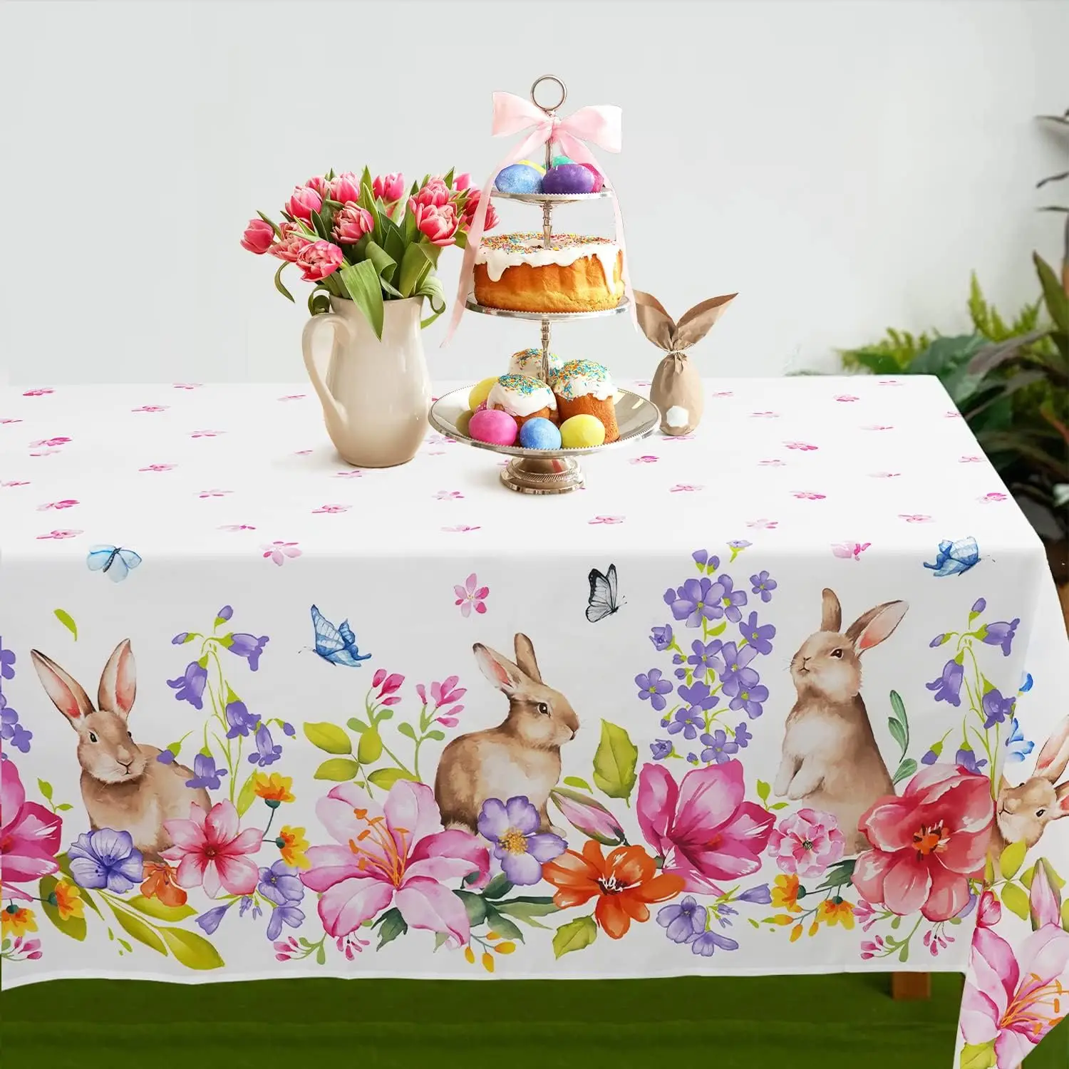 Easter Rectangle Waterproof Tablecloth Spring Floral Coloring Bunny Table Cloth for Dining Room Decor Home Party Easter Decor