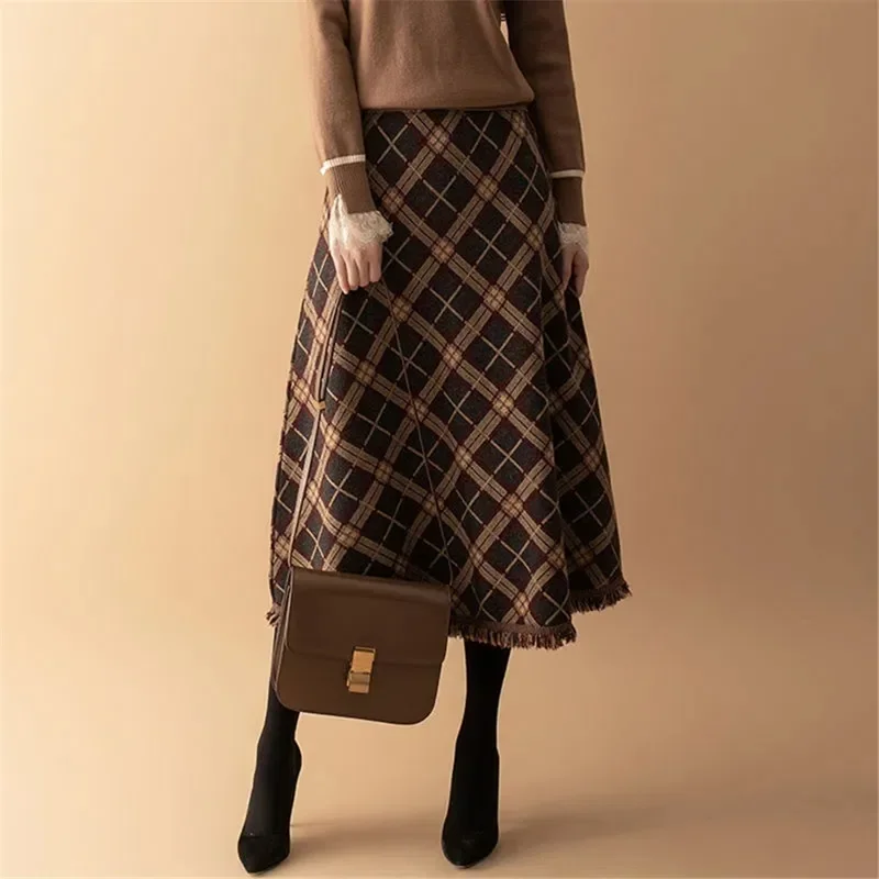 Winter Gebreide Kwastjes A-Lijn Lange Rokken Vrouwen Print Geruite Rok Vrouw Herfst Hoge Taille Warme Rok Elegant Office Lady Saia