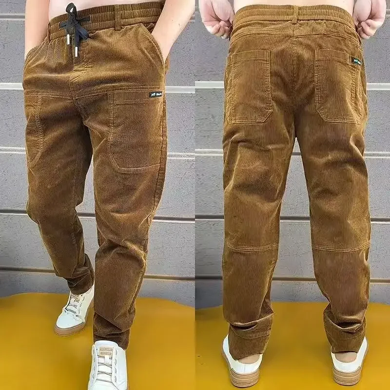 Corduroy Cargo กางเกงผู้ชายหลวมอเมริกัน Retro Casual Elastic ทํางาน Splicing หลายกระเป๋าซี่โครงขากางเกงวิ่ง