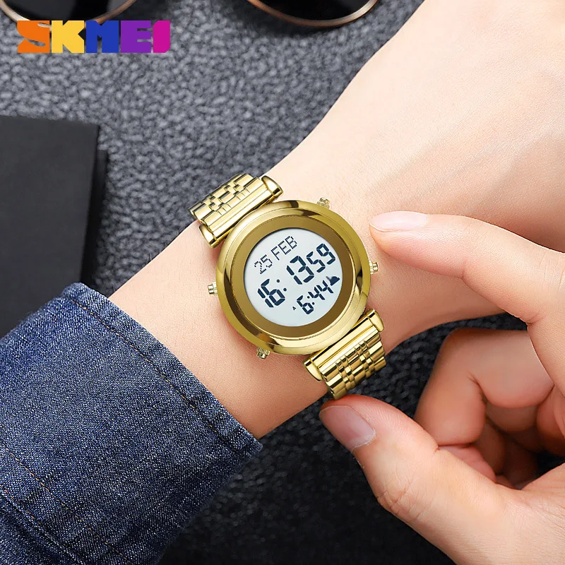 ساعة Skmei الرجالية الإلكترونية، حزام فولاذي دائري، إشارة مرجعية، اتجاه موجه، ساعة إلكترونية متعددة الوظائف