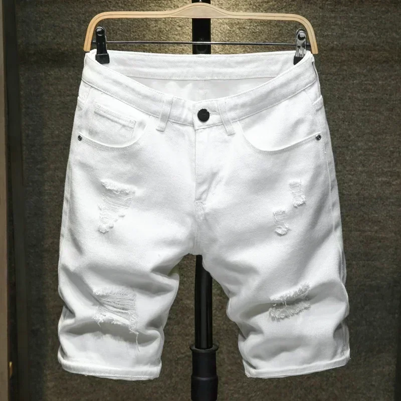 

Pop New Men's Simple Jeans Shorts White Black Street Wear Fashionable Ripped Knee-length Non-elastic Slim Casual Shorts Male