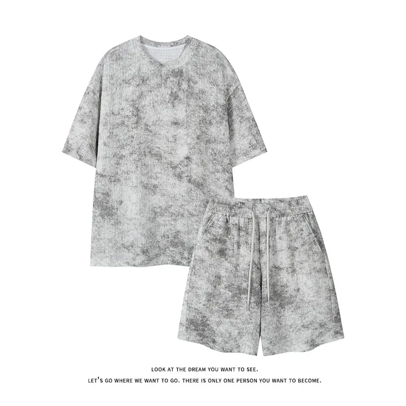 

American-style Summer Men Sets tie-dye short-sleeved shorts casual men's trendy loose Sportswear two Piece