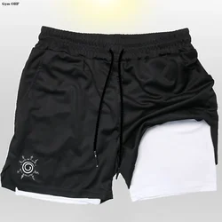 Summer Men Fitness Shorts Quick-Drying Fake Two-Piece Beach Shorts Printed Gym Jogging Double Layer 2-in-1 Sports Pants Anime