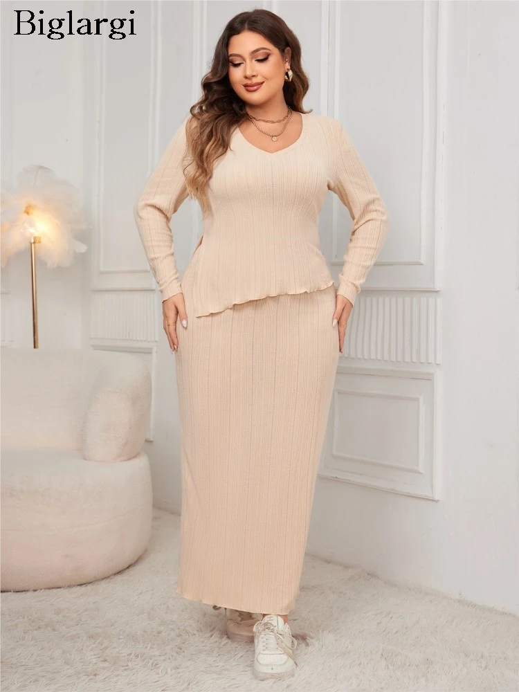 Knitted Plus Size Autumn Winter 2 Two Piece Set Women Irregular Fashion Bodycon Ladies Blouses High Waist Slim Woman Long Skirts