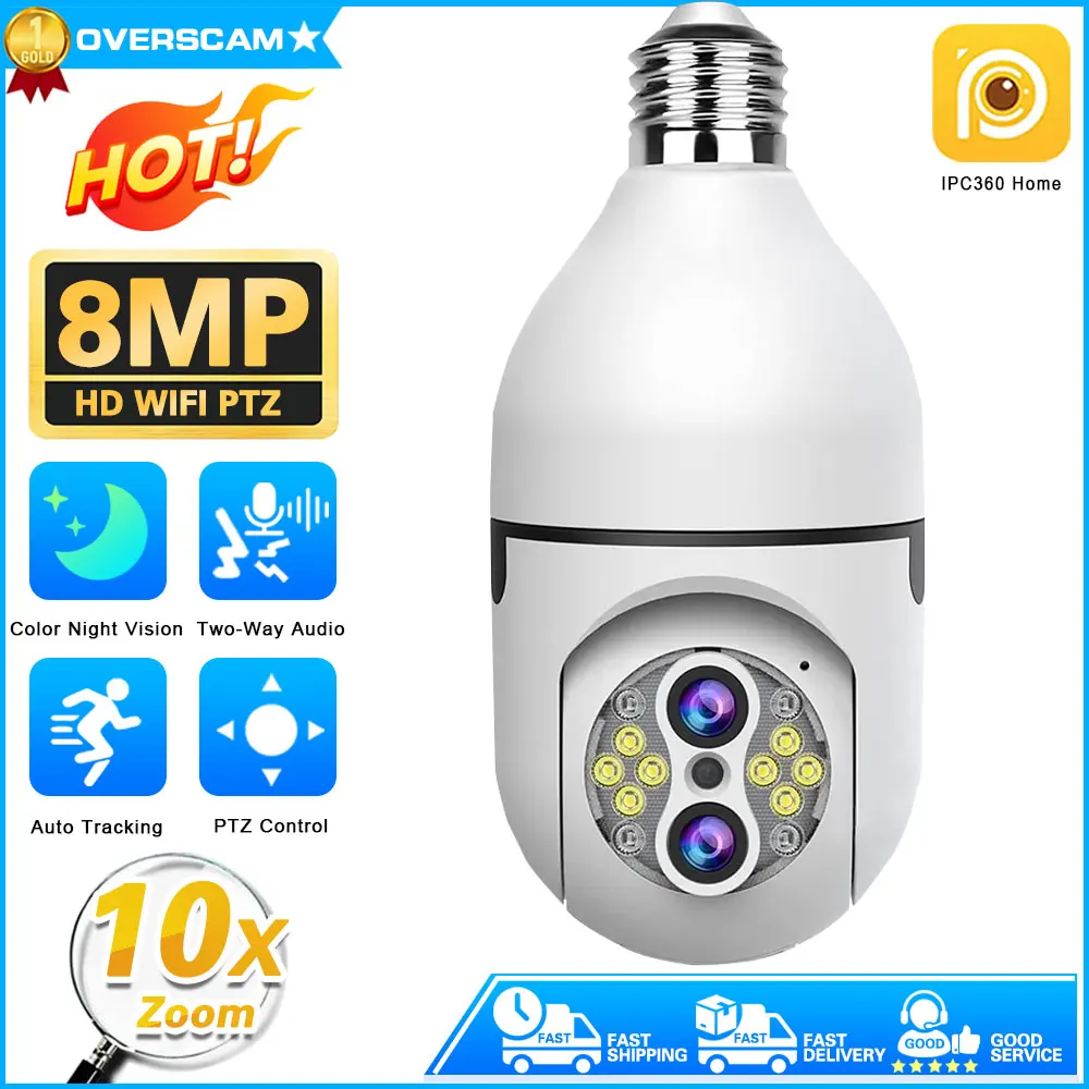 

8MP 4K E27 Bulb Camera WiFi Baby Monitor 10X Zoom Auto Tracking Indoor Video Surveillance Home Security Cam Floodlight Carecam