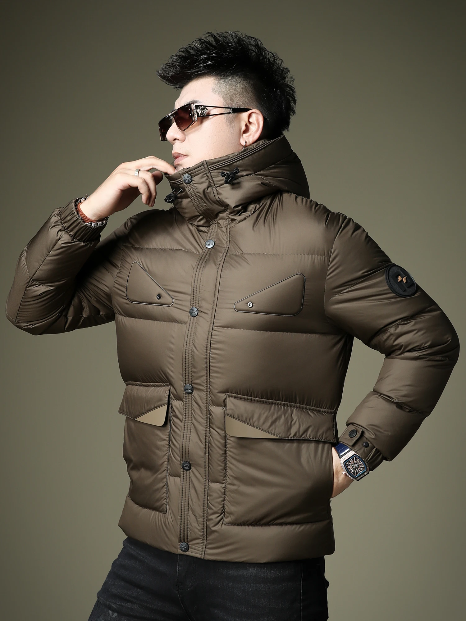 Men's Thiened Hooded down Jaet Winter Warm Windproof Youth Faion White Du Feather Padded Coat Bread Sle Outerwear