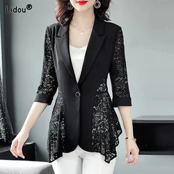 Thin Spring Summer Solid Long Blazer Patchwork Hollow Out Lace Button V-neck Office Lady Formal Casual Fashion Women's Clothing