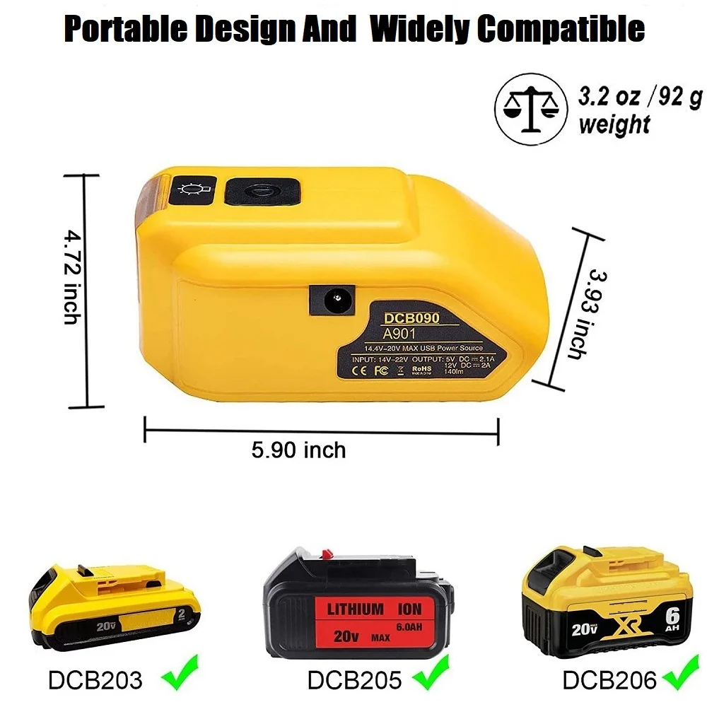 Original Replacement DCB090 Power Source Converter For Dewalt 20v Max 18V Battery Adapter With Dual USB DC 12V LED Work Light