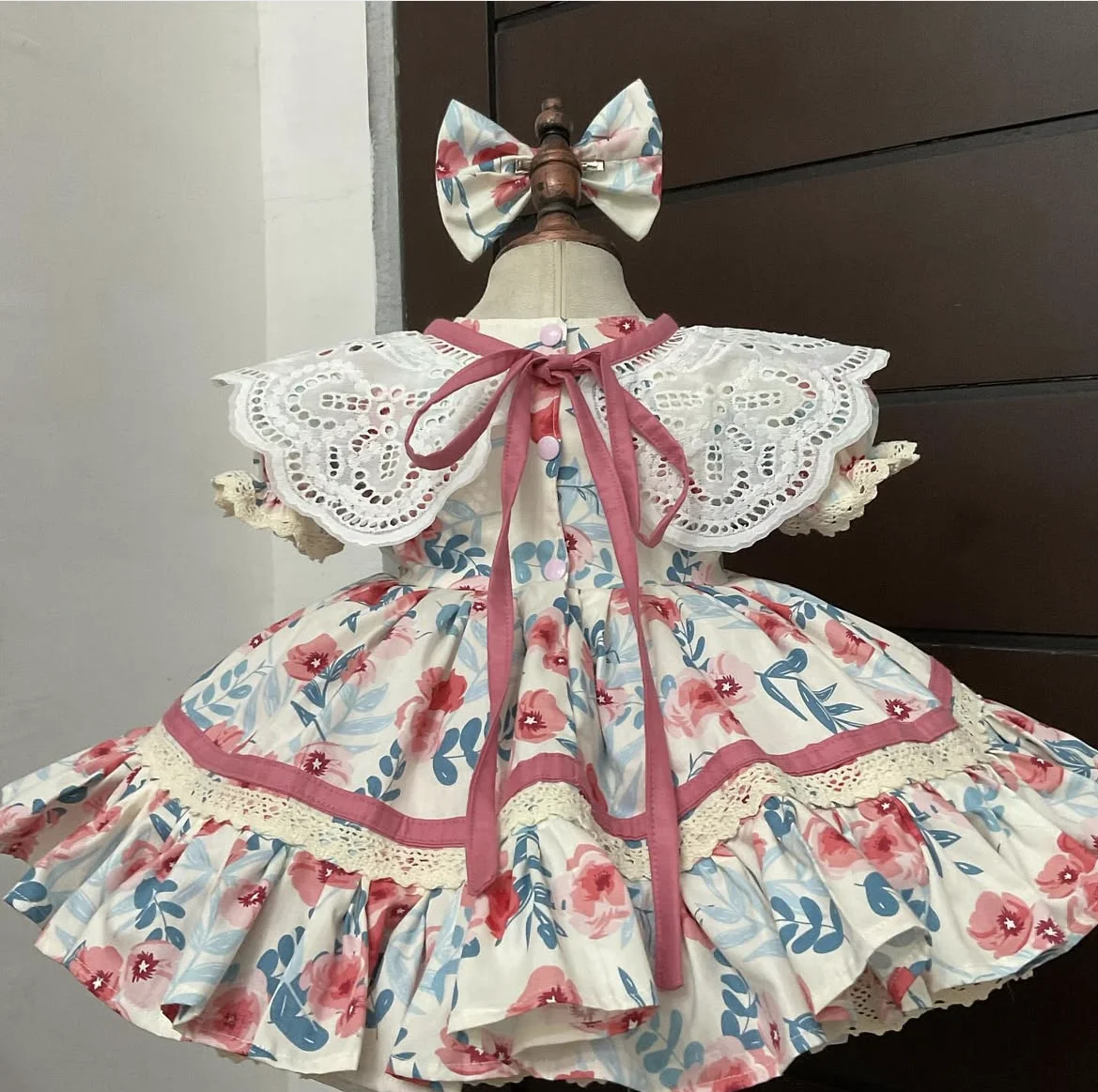 

Baby Girl Summer Pink Bow Printed Turkish Vintage Princess Ball Gown White Dress for Birthday Holiday Casual Eid Photography B36