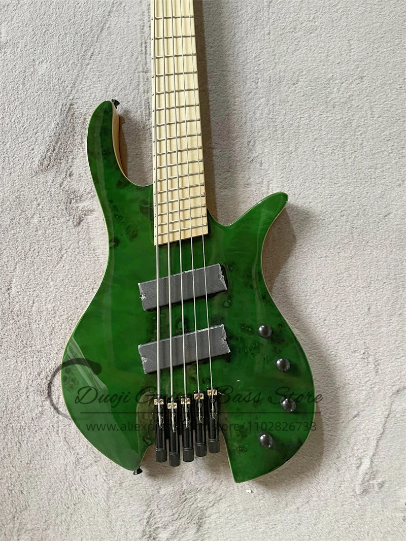 Factory Headless 4 Strings Electric Guitar Bass Ash Wood Body Green Maple Burl Top Maple Fretboard Fanned Frets Customizable