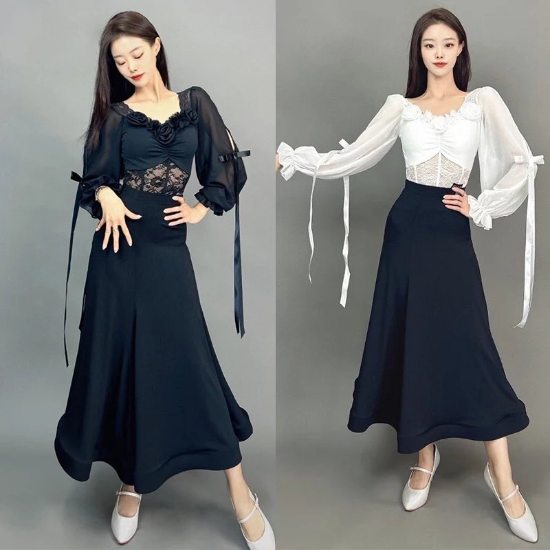 White Black Tops Skirt Adult Standard Competition Dress Ballroom Dance Dress Women Waltz Dance Performance Costume Lace