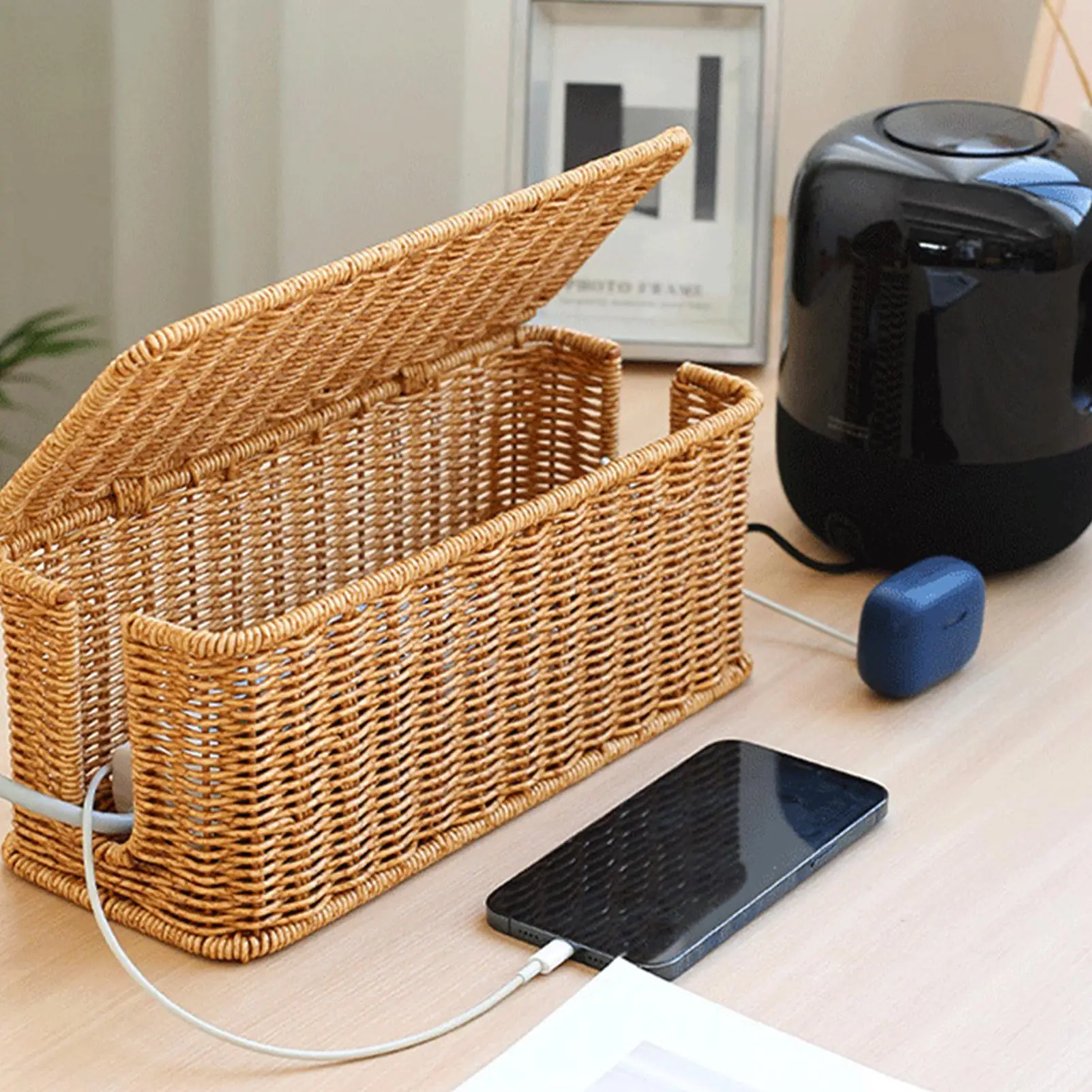 تقليد الروطان منظم الكابلات صندوق مكتب عمل مقبس الشاحن خط الشبكة تخزين فتح فتحات الحبال صندوق مخفي #4