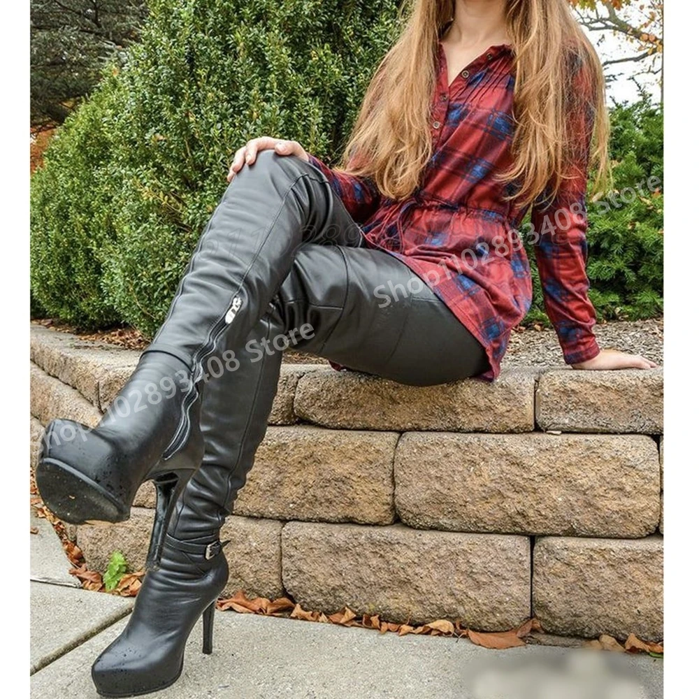 Botas por encima de la rodilla con decoración de hebilla en el tobillo, zapatos sexis de tacón alto de aguja con plataforma de cuero PU Para Mujer, chicas calientes 2025 Para Mujer