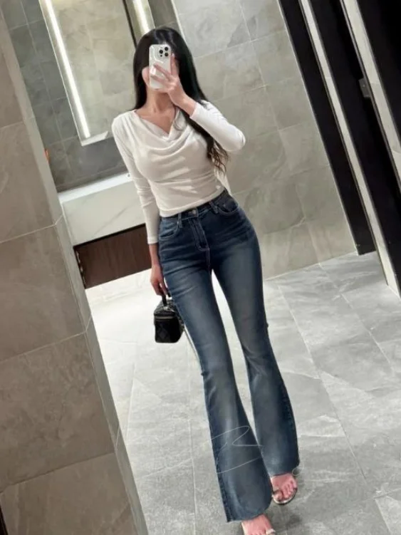 Slimming High Waist Bell Bottom Jeans Women's Retro Washed Outfit Cotton Stretch Denim Tight Fit Zipper Fly Autumn Fashion