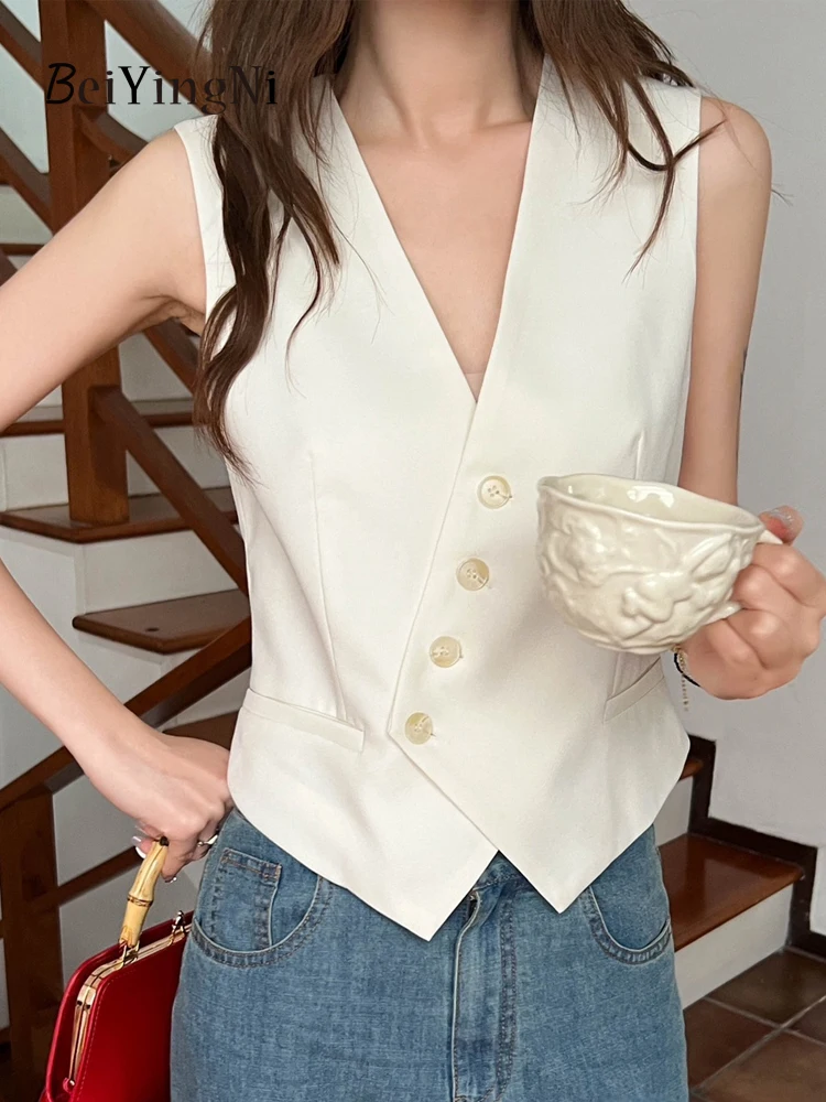 

Beiyingni Casual V-neck Suit Vest Women Buttons Sleeveless Tank Tops Office Ladies 2024 Summer Korean Elegant High Street Camis