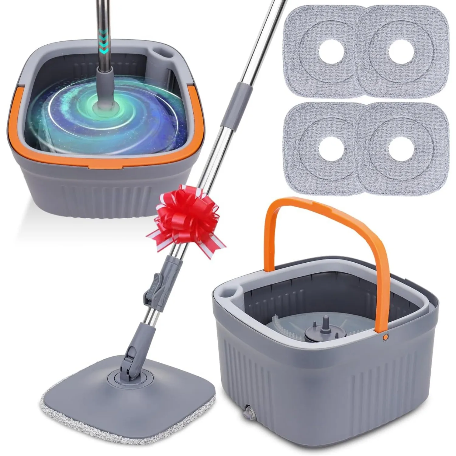 Juego de fregona con 4 almohadillas de microfibra, cubo de doble cámara y mango telescópico para pisos y ventanas