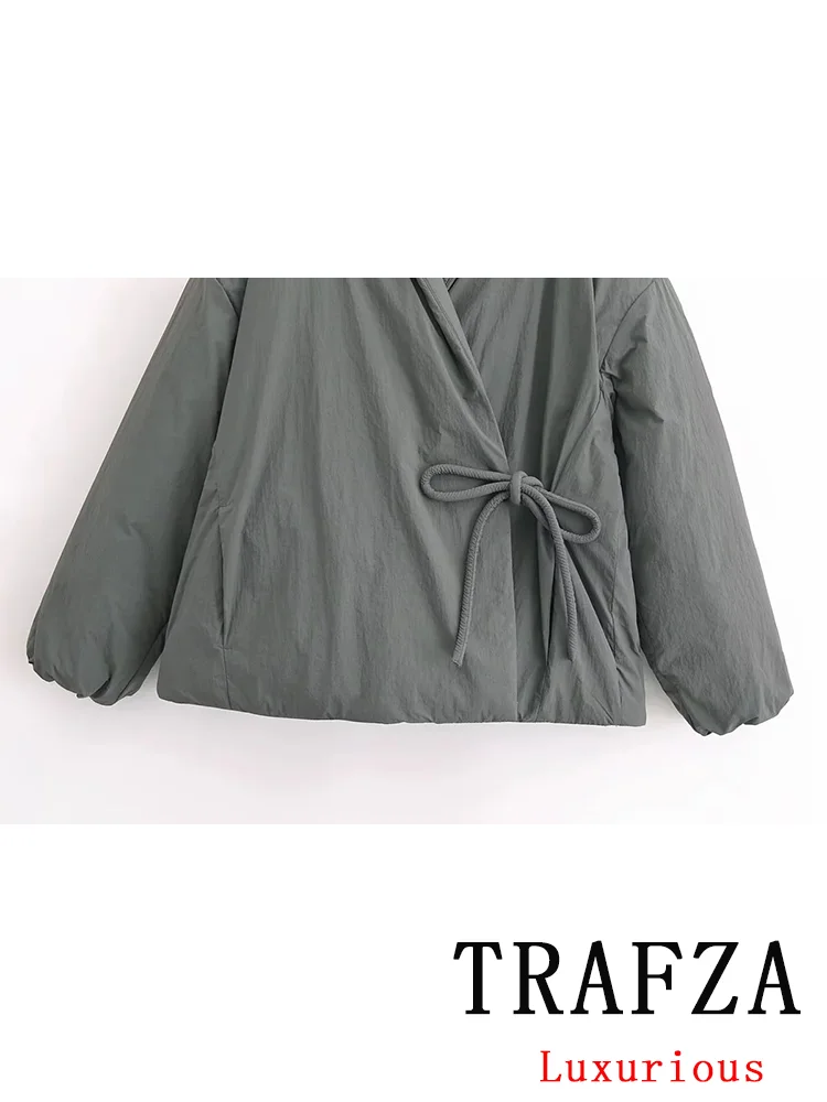 TRAFZA Vintage Chic Women Jackets Solid O-Neck Lace-up Pockets Long Sleeve Coats New Fashion 2024 Autumn Winter Holiday Coats