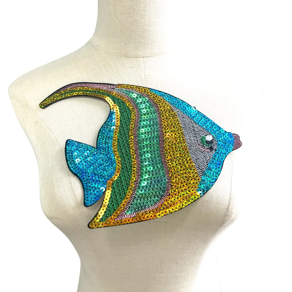 1 Piece Embroidered Shining Sequins Green Fish Fashion Decoration For Clothes Sew On Patch for Clothing DIY