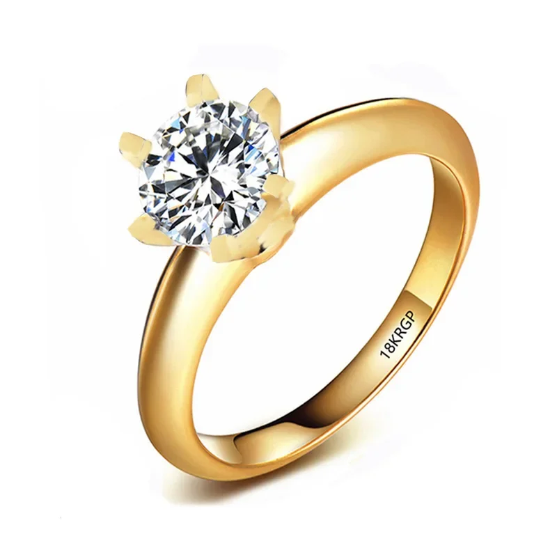 Charming Pure 18K Yellow Gold Color Solitaire 2.0ct 5A Cubic Zircon Rings Wedding Band Allergy Free Jewelry for Women