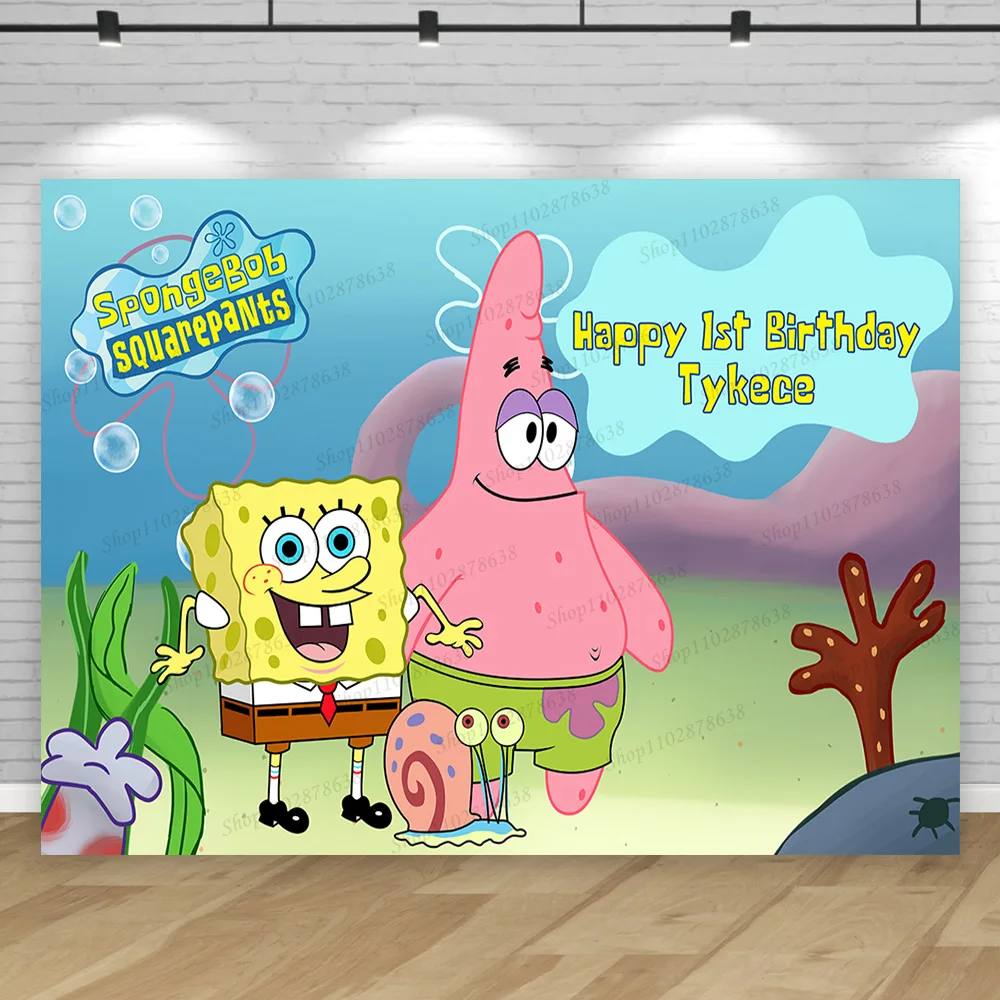 Custom Baby Name Age Sponge-Bob Backdrop Party Decoration Boy Kid Birthday Background Patrick Star Photography Props Banner