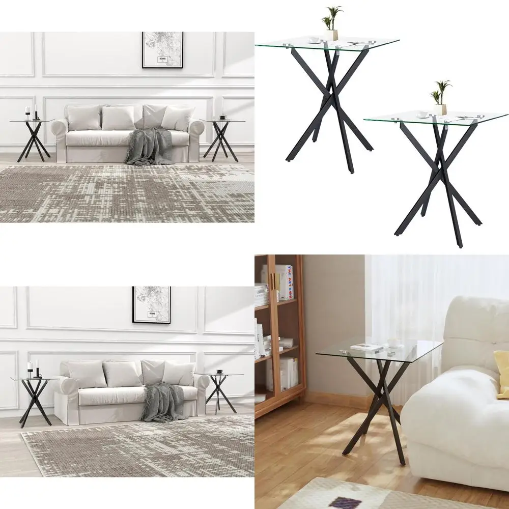 

Pair of Modern Black Metal Leg Tempered Glass Coffee Tables, 20x20x22 for Living Room & Home Office