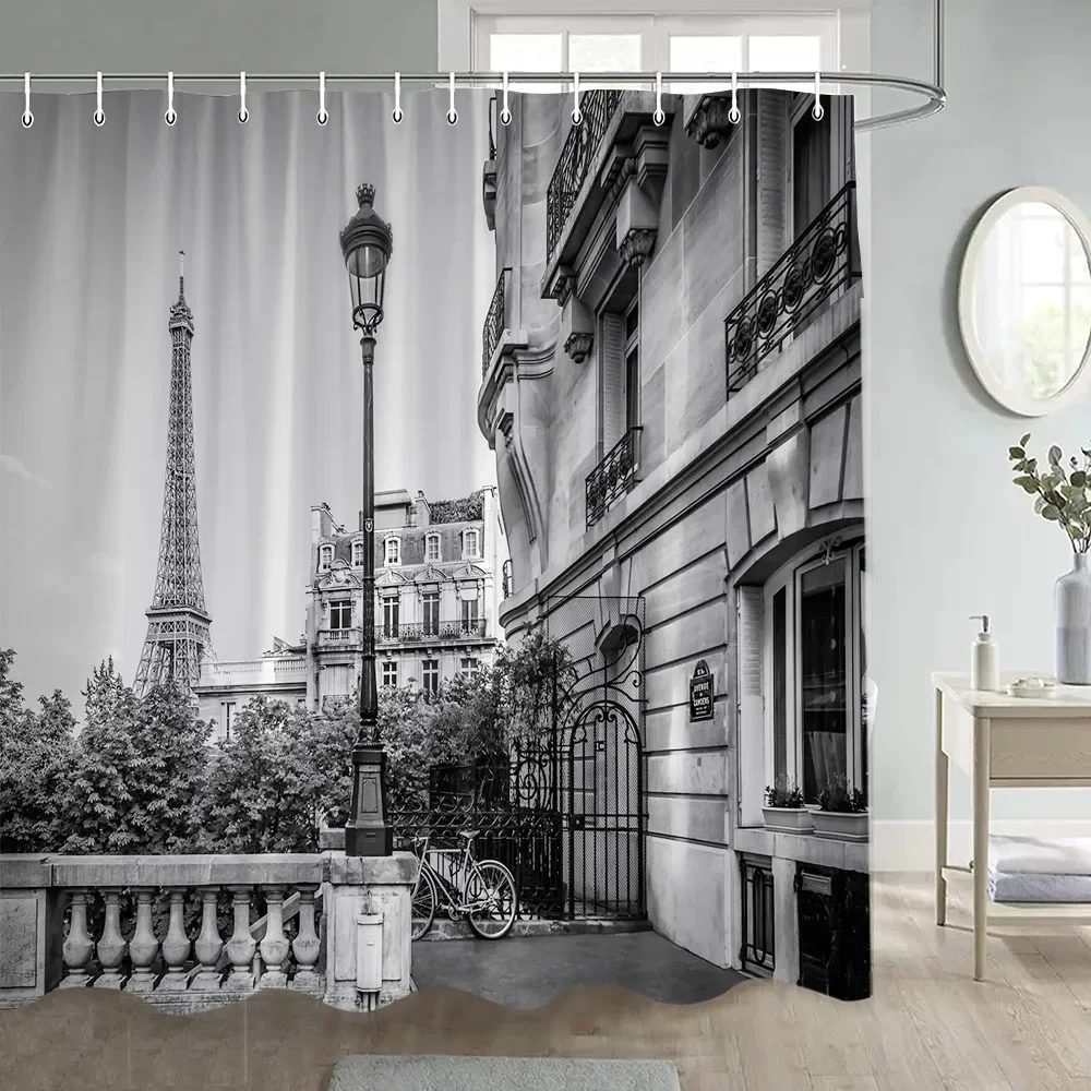 Vintage Town Shower Curtains Nature Street Architecture Black and White Paris Tower Bath Curtain Cloth Bathroom Decor with Hooks