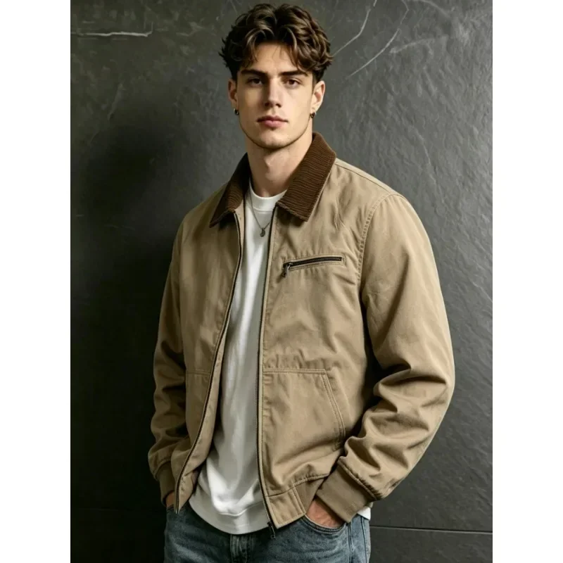 Men Vintage Canvas Detroit Jacket Autumn Retro Corduroy Collar Heavyweight Short Zip Durable Multi Pocket Streetwear Outerwear