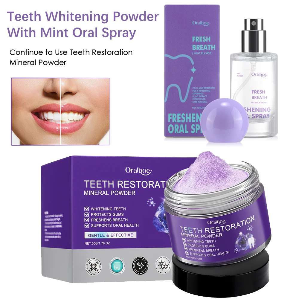 Teeth Restoration Mineral Powder And Mint Oral Spray Teeth Whitening Fresh Breath Set Remove Stain Oral Clean Improve Smell