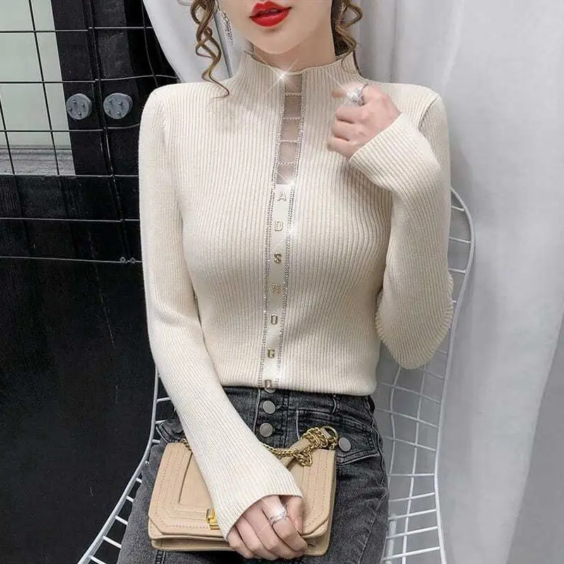 Autumn Winter Women\'s Letter Embroidery Pullover Long Sleeve Half High Collar Rhinestone Screw Thread Sweater Knitted Tops