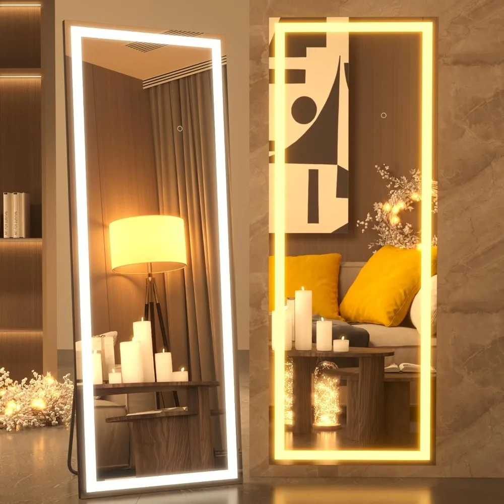 Full length mirror, black frame illuminated floor mirror, dimmable and 3 color modes, vertical and wall mounted long mirror