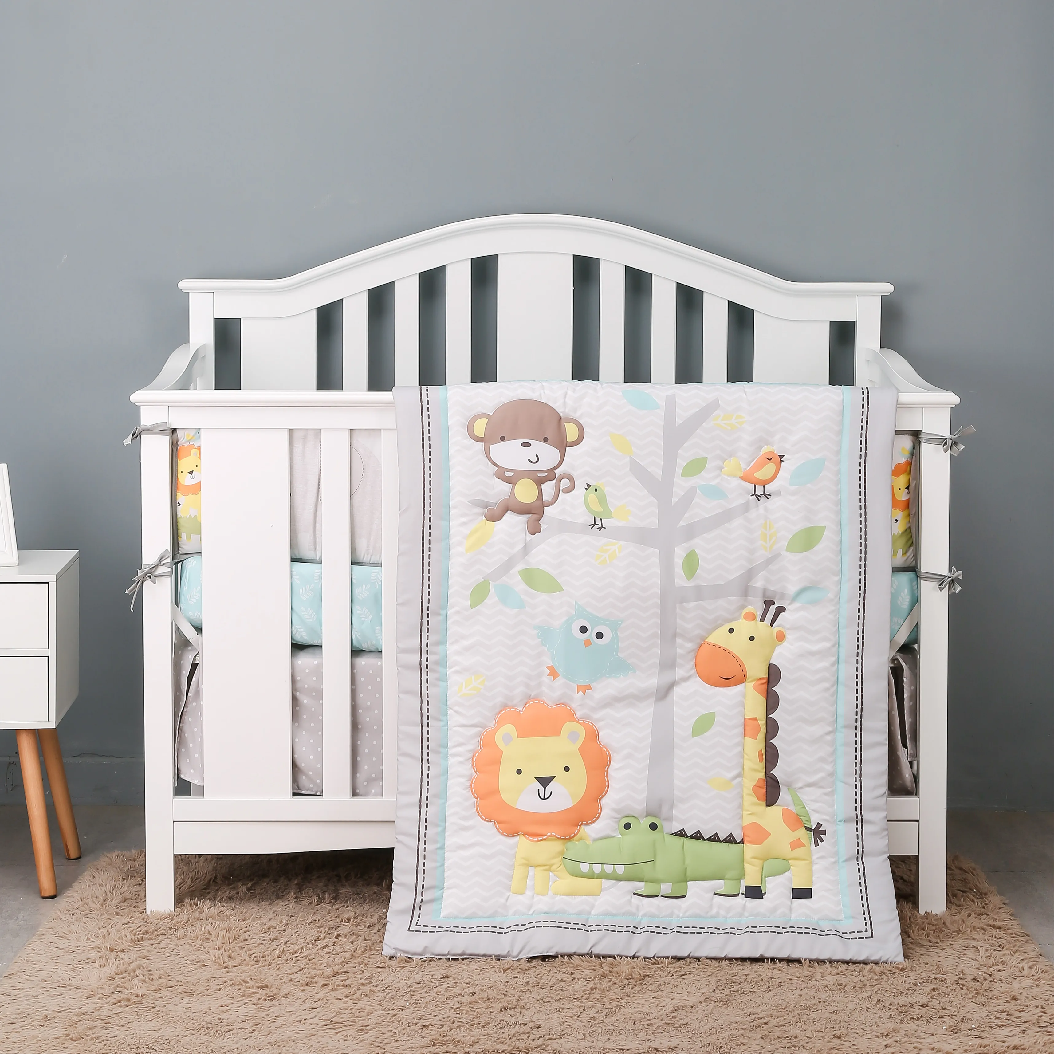 7Pcs jungle theme baby girl crib bedding set Baby Boy or Girl Unisex Cot Bedding Set (4Bumper Crib Sheet Comforter Crib Skirt)