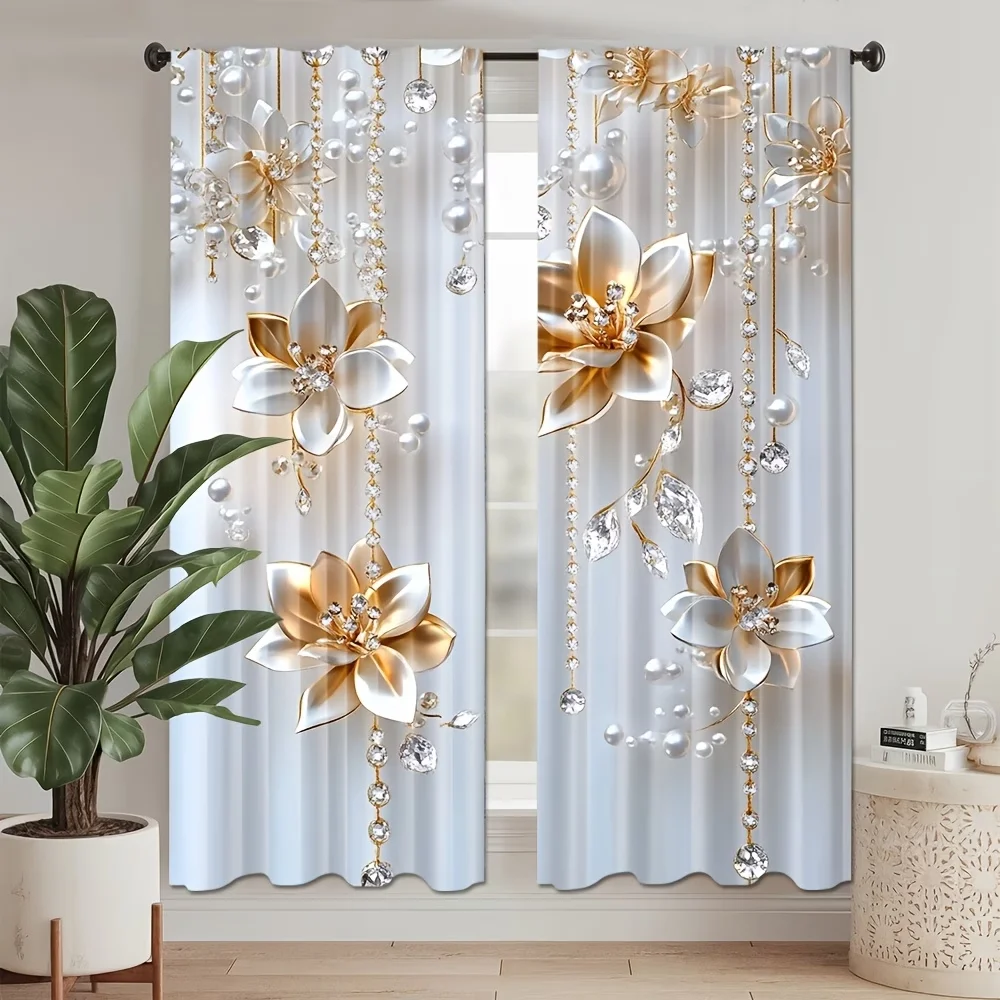2 Stück Digital Bedruckte Vorhänge, Kristallvelours Blumen Luxuriöses Blumenmuster, Fenstervorhänge für Wohnzimmer Schlafzimmer Heimdekoration