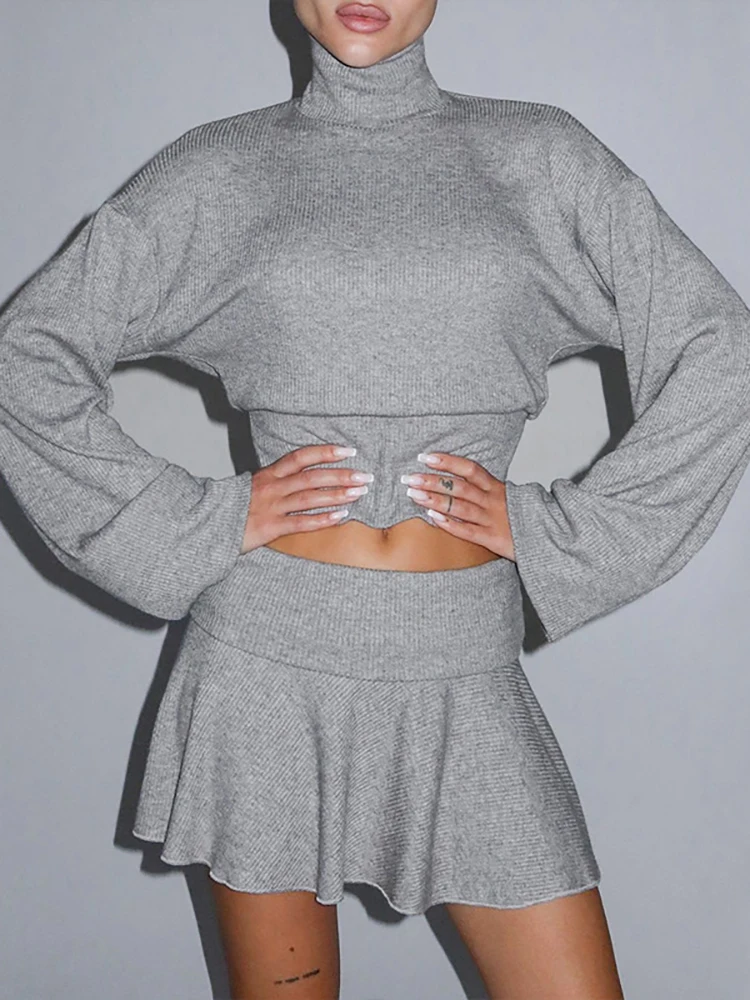 

Fantoye водолазка с длинным рукавом, комплекты из двух предметов, женский костюм с юбкой, серые короткие топы, мини-юбка трапециевидной формы, осенние тонкие элегантные комплекты юбок