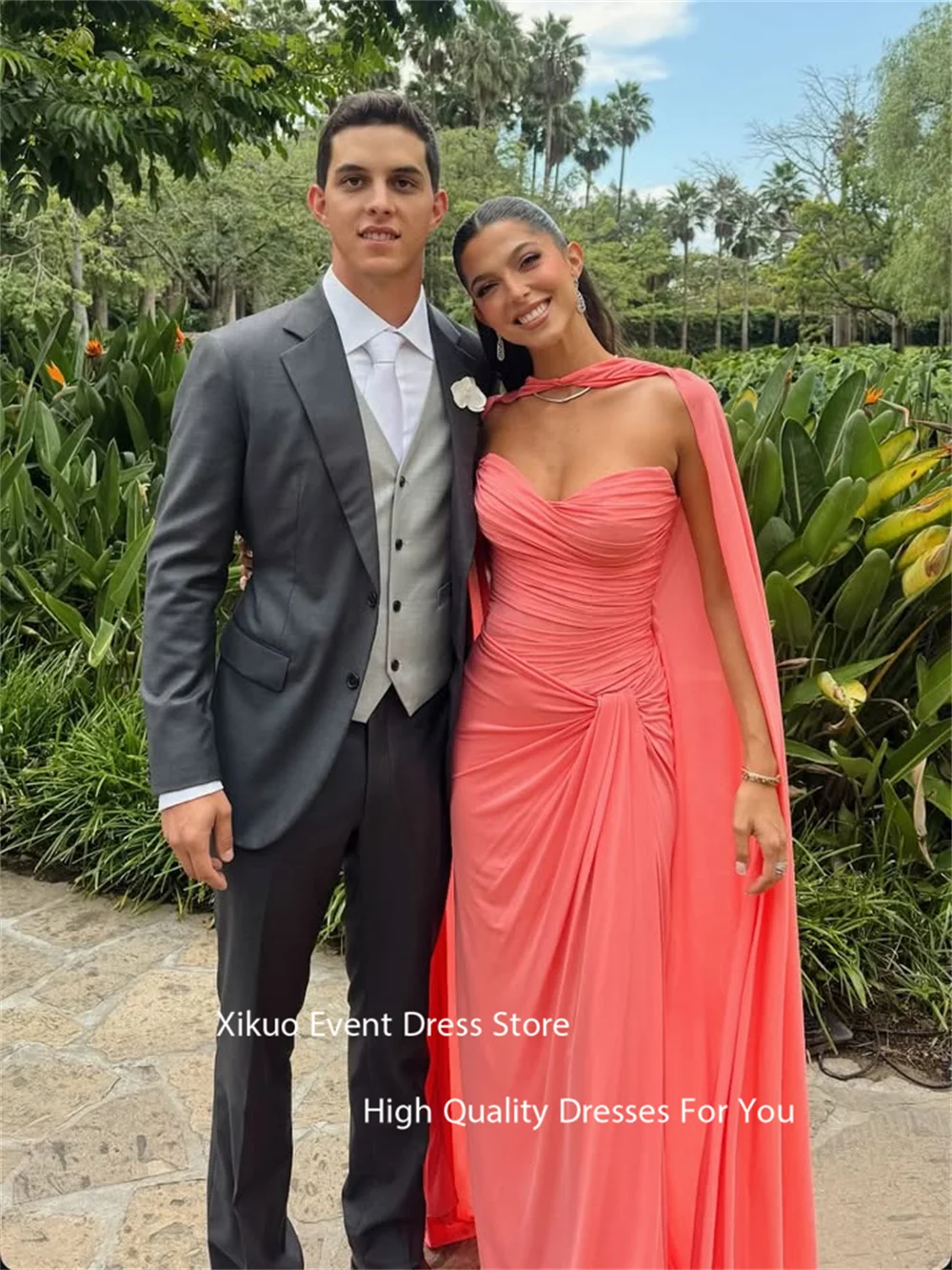 Xikuo Coral Pink Ribbons Evening Dress Floor Length Chiffon 2025 Party Dresses Pleated Sweetheart Vestidos De Fiesta Customized