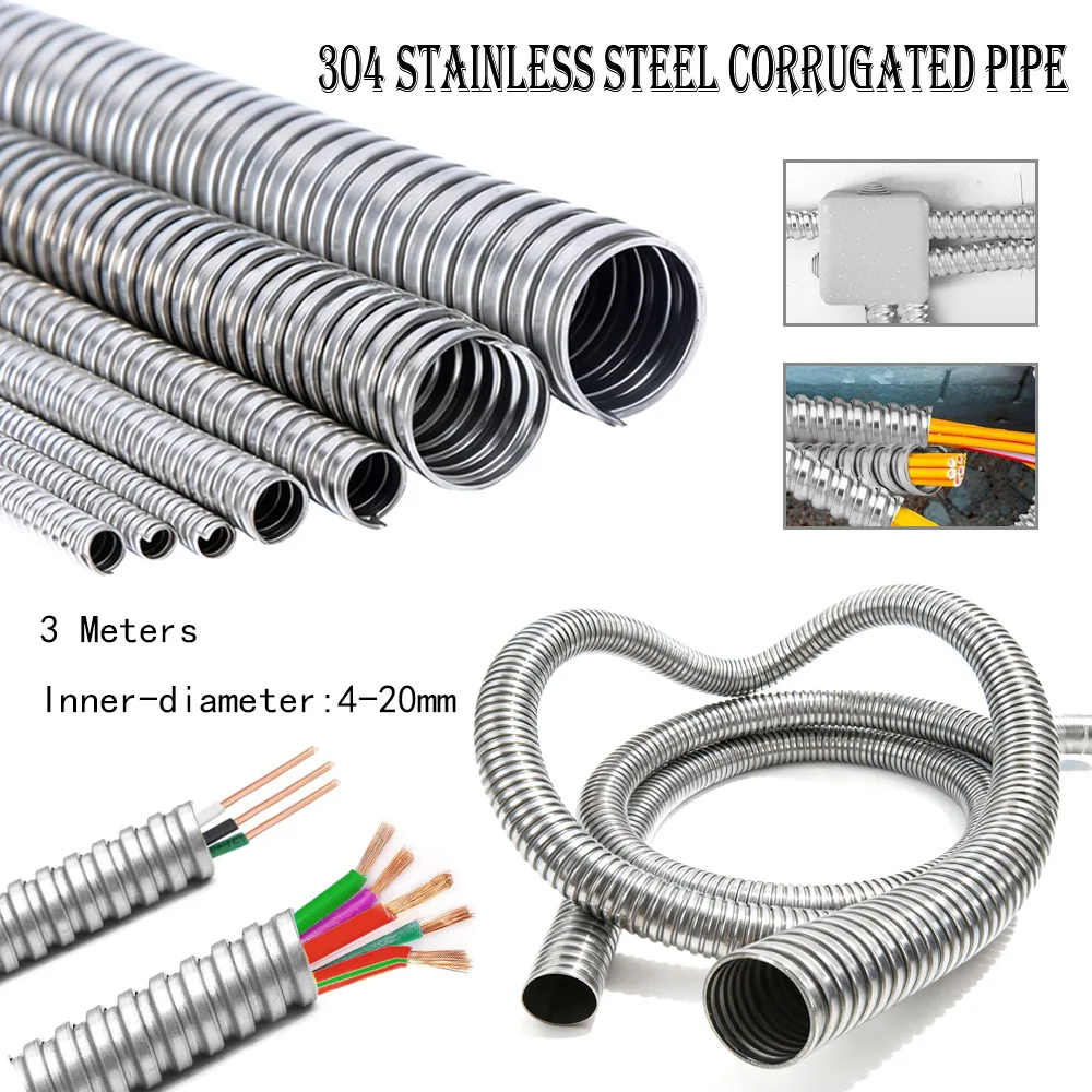 3Meter 4/6/8/10/13/16/20mm 304 Stainlesss Steel Corrugated Pipe Wire Line Cable Conduit Protect Hose Tube