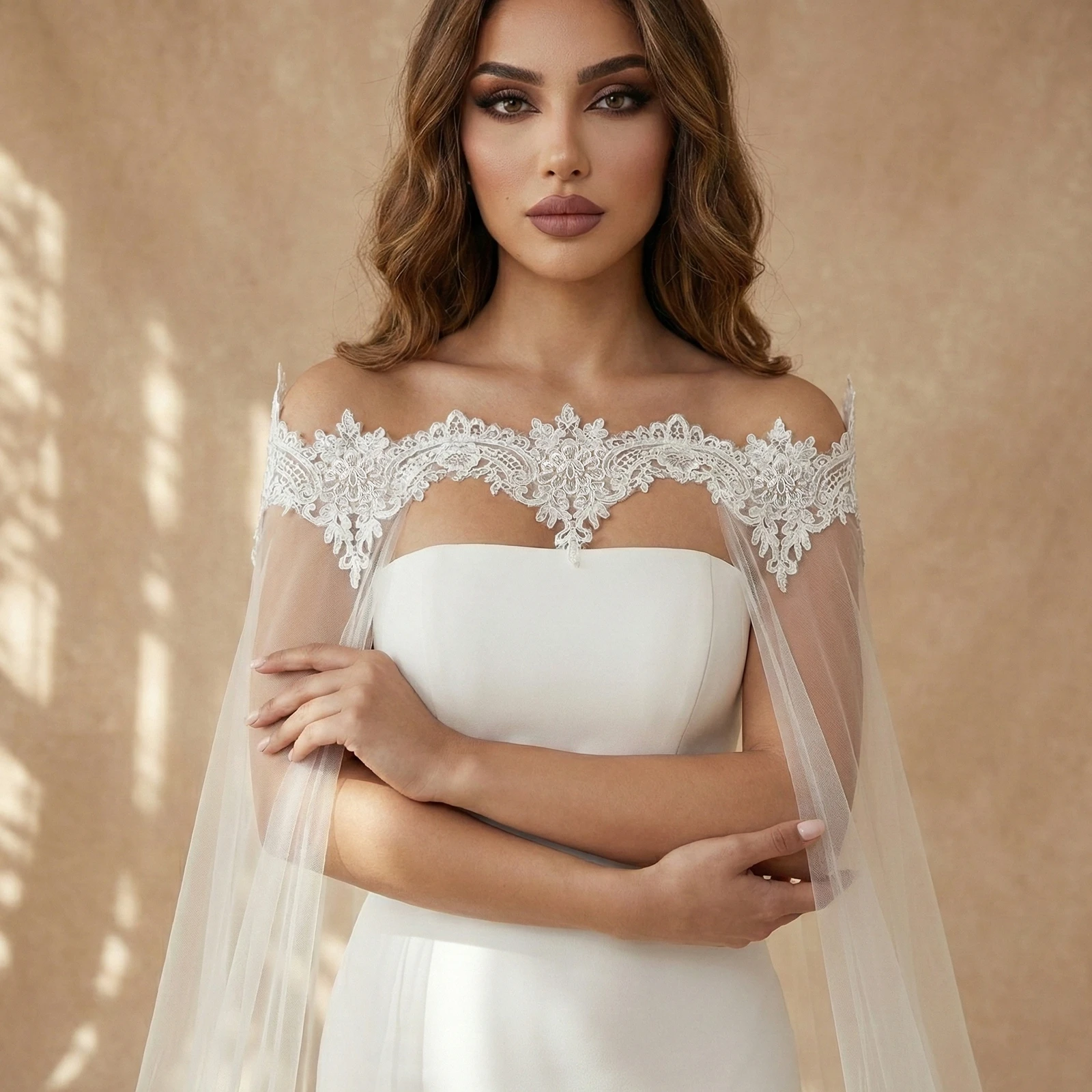 lace shawl wedding dress DeKlaire 488 A-Line Wedding Dress Gown with Shawl Covering White / M