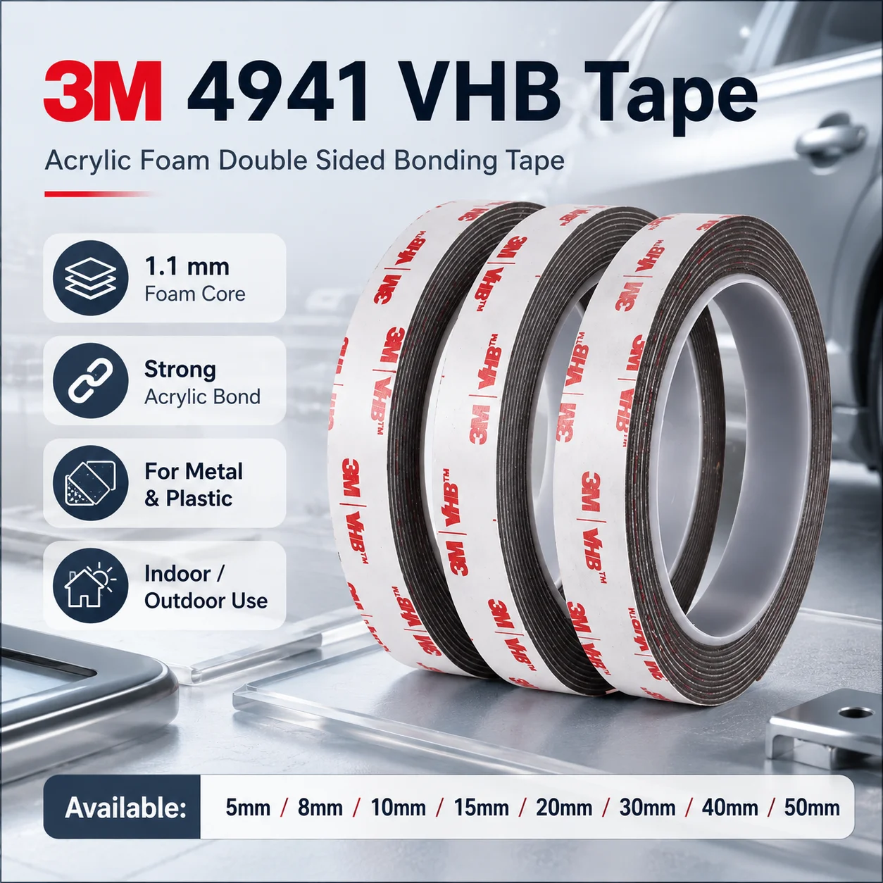 3M 4941 VHB Acrylic Foam Double Sided Tape Strong Bond for Automotive Trim Metal Panels Glass Plastic 1.1mm x 3m 5-50mm