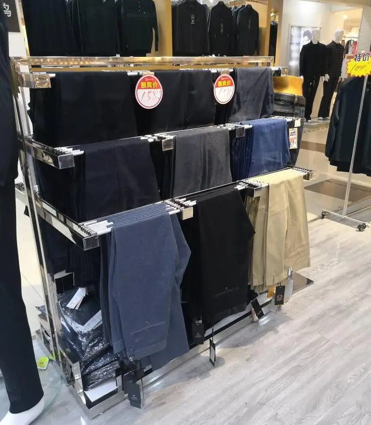 Stainless steel floor type double-sided pants table display rack men's store hanging pants double row yellow titanium gold