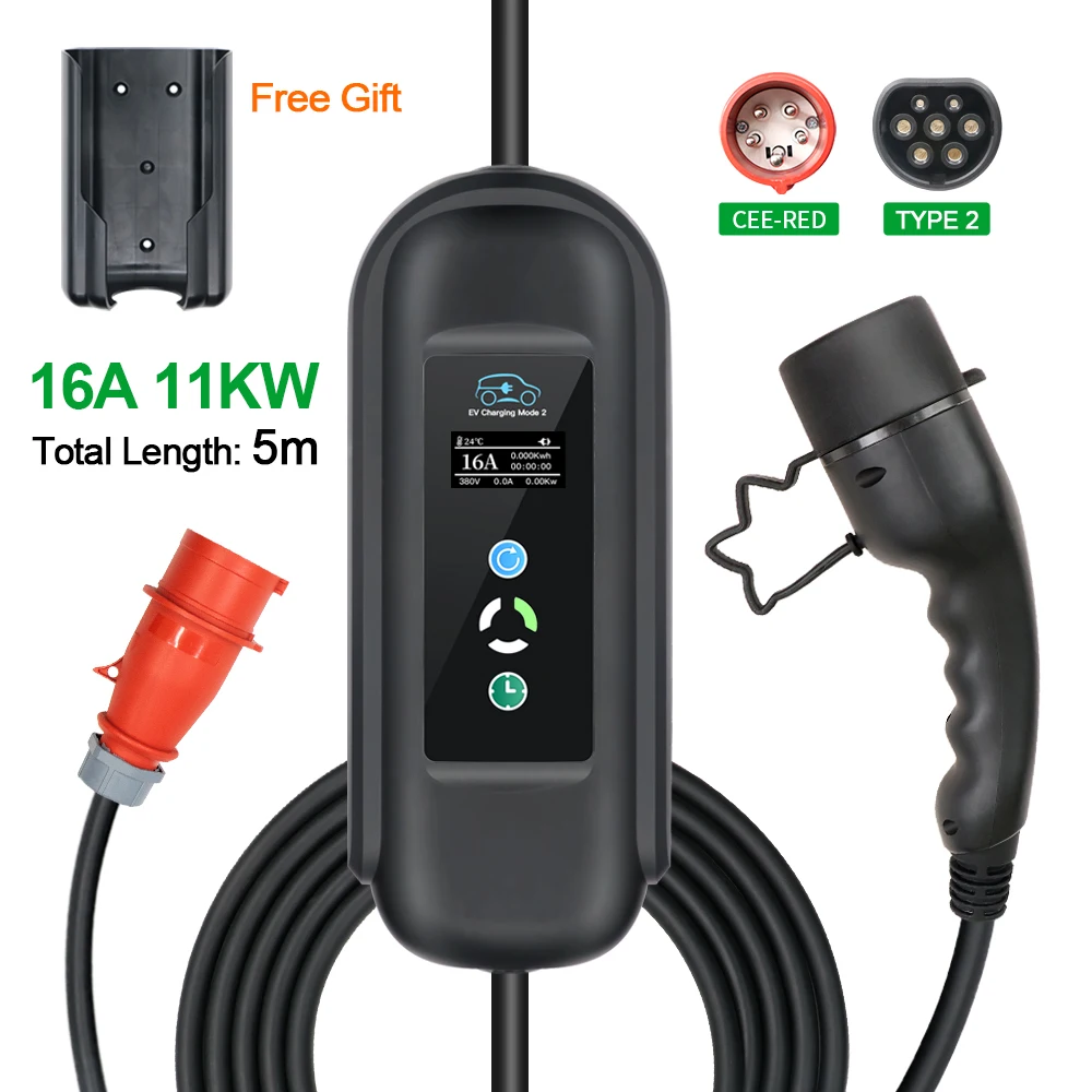 Portable EV Charger 16A 11KW Type 2 IEC-62169 Plug 5M Cable Adjust Current Timer Charging For Hybrid Eletric Vehicle Cars