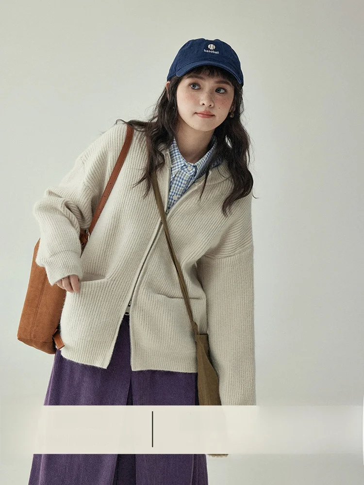 

AMUU Knitted Sweater Cardigan Zipper Jaet Women's Autumn Winter Lazy Sle Small Size Outerwear Top Casual Loose Fit