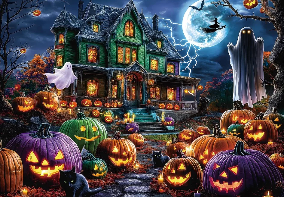 Jigsaw Puzzle 500/1000/1200/2000PCS Spooky Halloween Haunted Mansion Jack O Lantern Ghost Black Cat Witch On Broomstick Gift