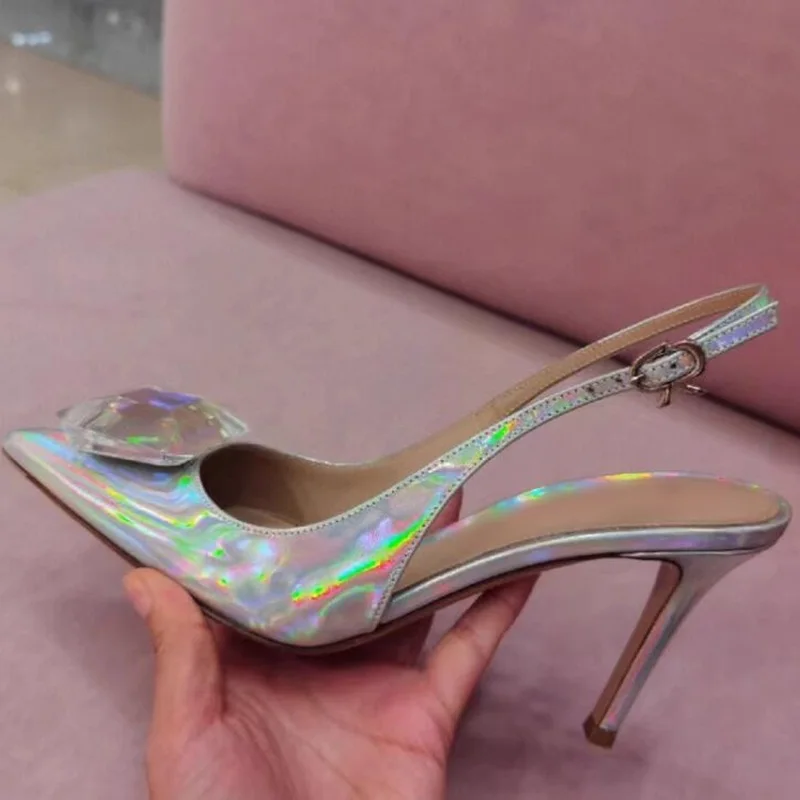 

Woman Gemstone Slingback Pumps Hologram Iridescent Leather Rhinestone Pointed Toe 10CM Wedding Bride Dress Shoes Spring Autumn