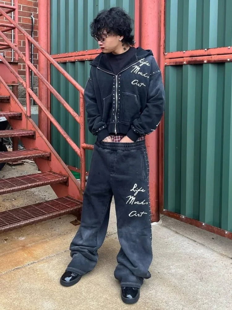 الشتاء الرجعية حجر الراين غسلها Sweatpants Y2K الهيب هوب الشارع نمط فضفاض للجنسين سراويل تقليدية للرجال والنساء #5